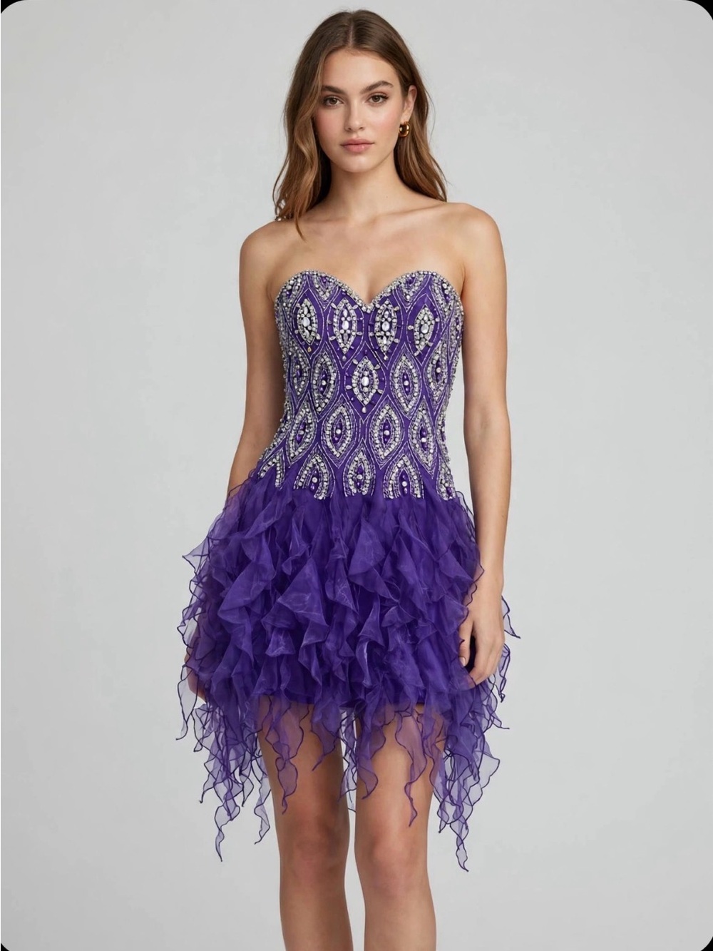 Jovani Strapless Beaded Purple Ruffled Cocktail Dress